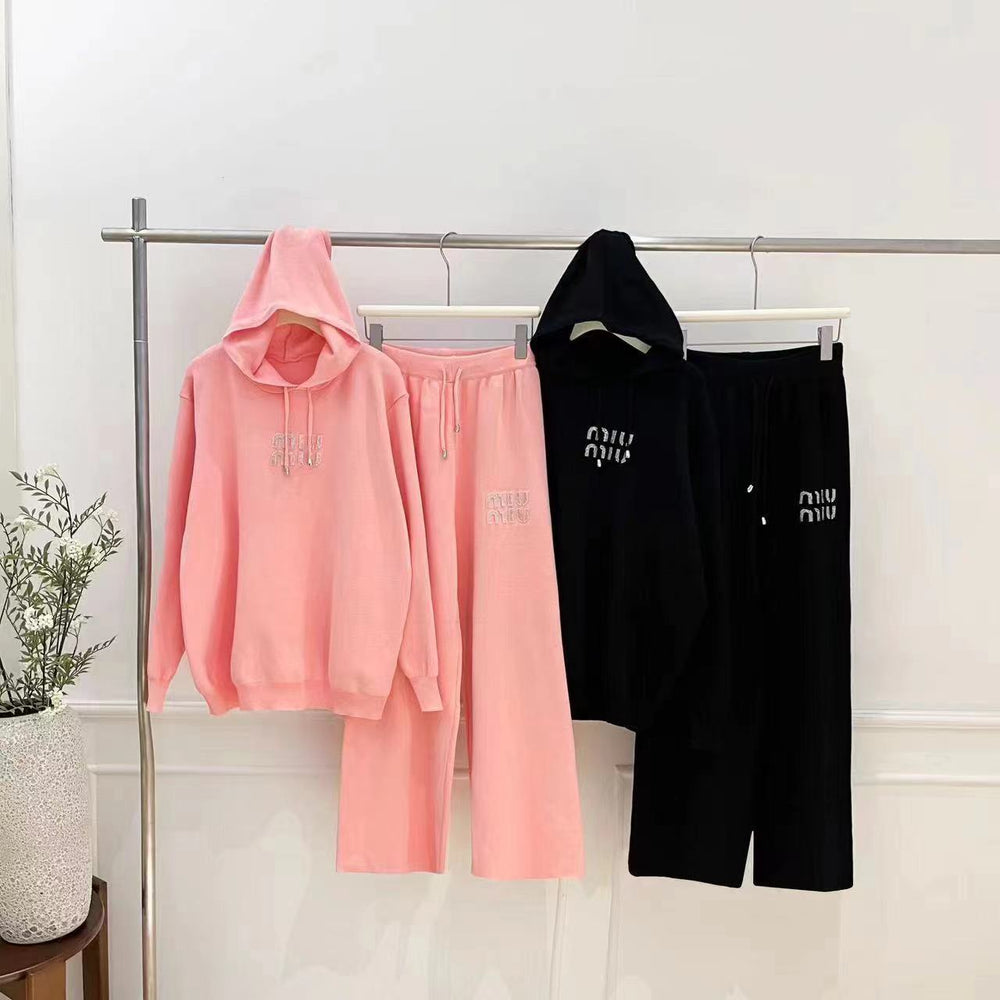 Autumn/winter european & american style letter jacquard knit hoodie top + high-waisted drapey wide-leg pants casual two-piece set