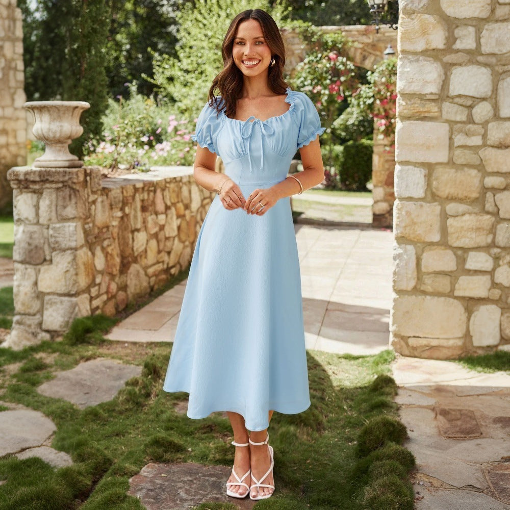 Summer women's solid color elegant dress -  export square neck tie-waist a-line midi dress