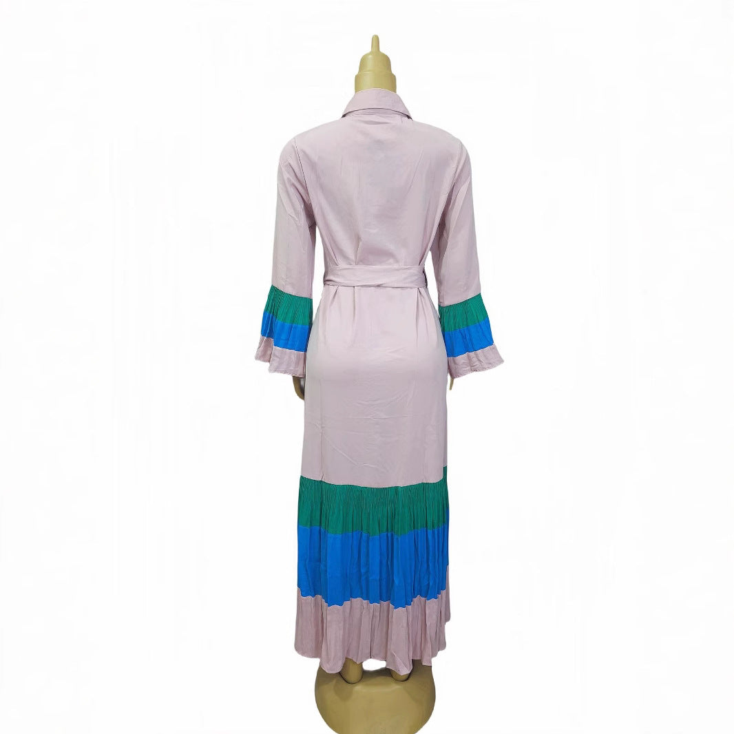 Cross-border  women's clothing color matching ruffle edge horn sleeve pleated dress lapel cardigan chiffon dress