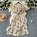 Gentle style female niche styleretro tea break v neck bell sleeves tie back waist slimming look a-line large swing floral dress for women