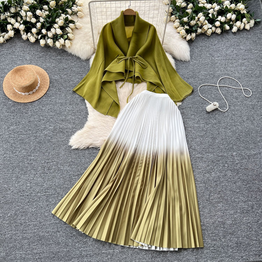Miya pleated butterfly sleeve gradient tie back shawl short outweartops+gradient pleated skirt two-piece set