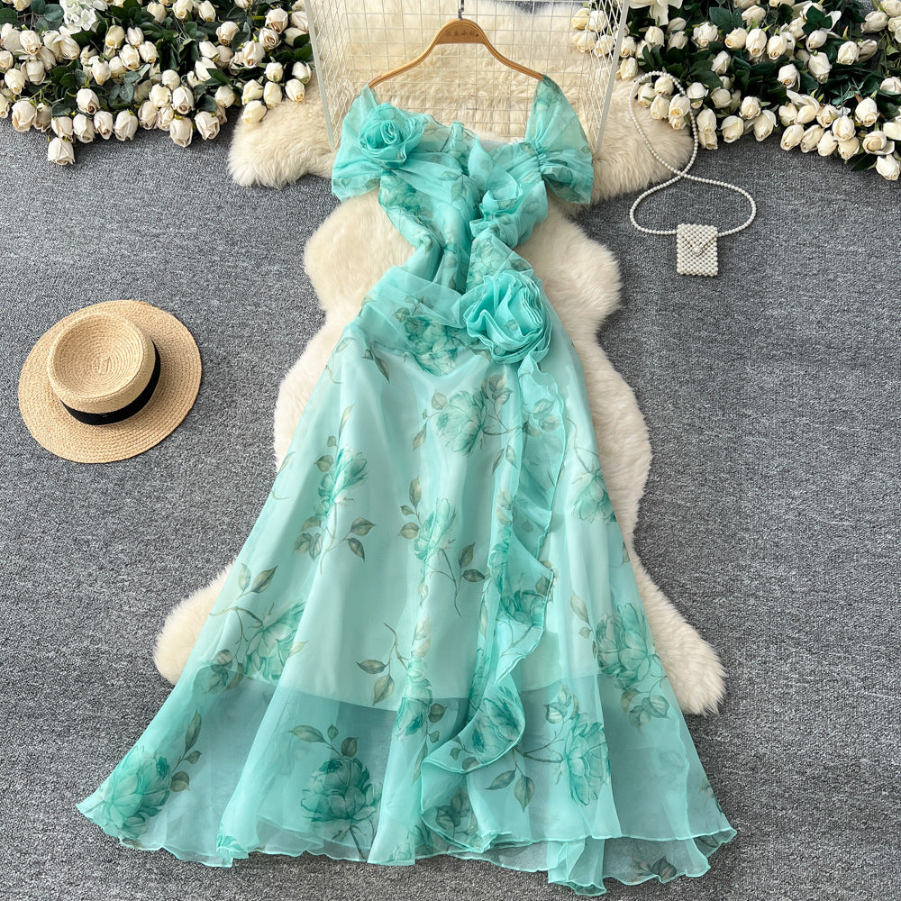 French chic high-end 3d floral ruched waist ruffle mesh dress - elegant women's evening gown maxi dress