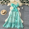 French chic high-end 3d floral ruched waist ruffle mesh dress - elegant women's evening gown maxi dress