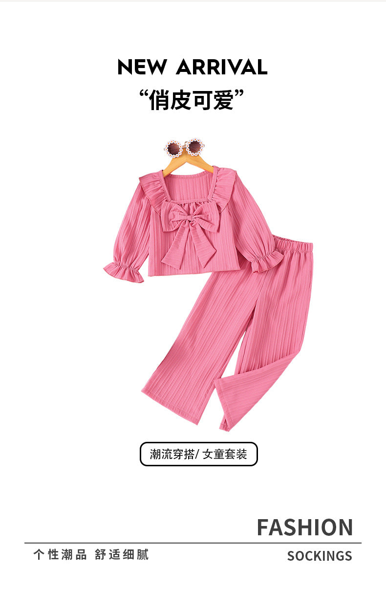 Girls' fall two-piece outfit: pink lace-trimmed square neck long sleeve top with bow-tie pants