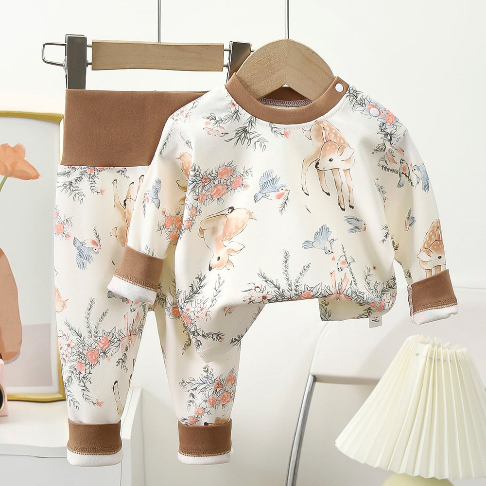 Kidsa type pure cotton boneless cartoon plaidintimates partial placket suit pajamas baby round neck autumn clothes high waist autumn pants