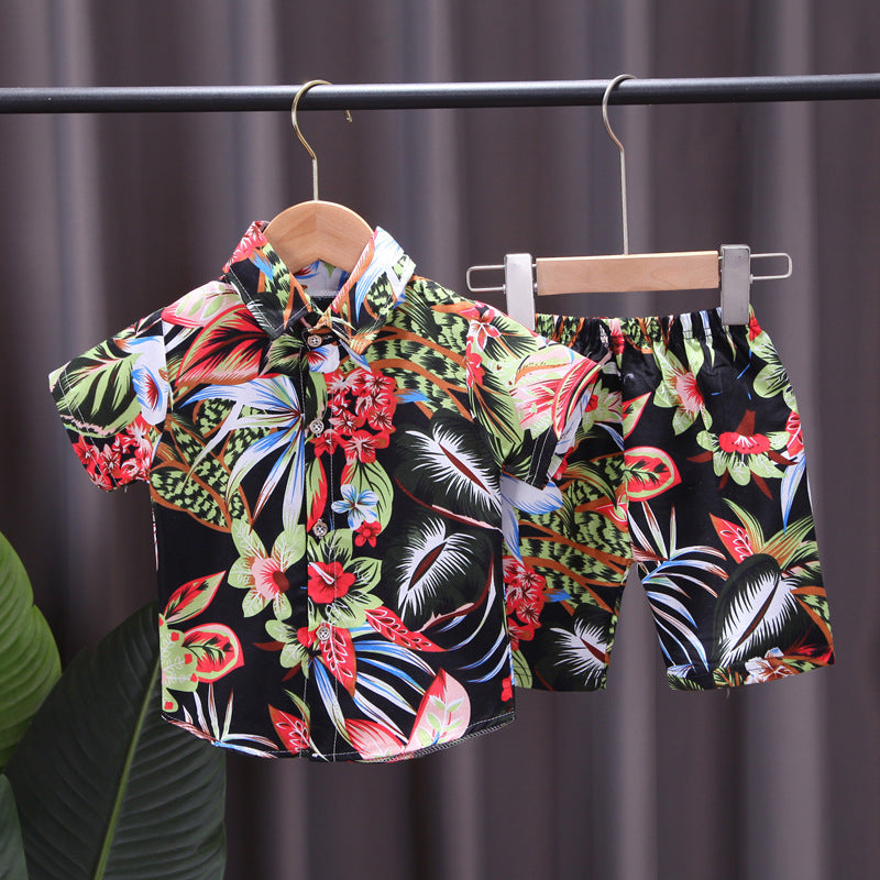 Kids' floral shirt set, 0-4 years old boys' all-over print short-sleeve t-shirt two-piece set, southeast asian style children's clothing wholesale
