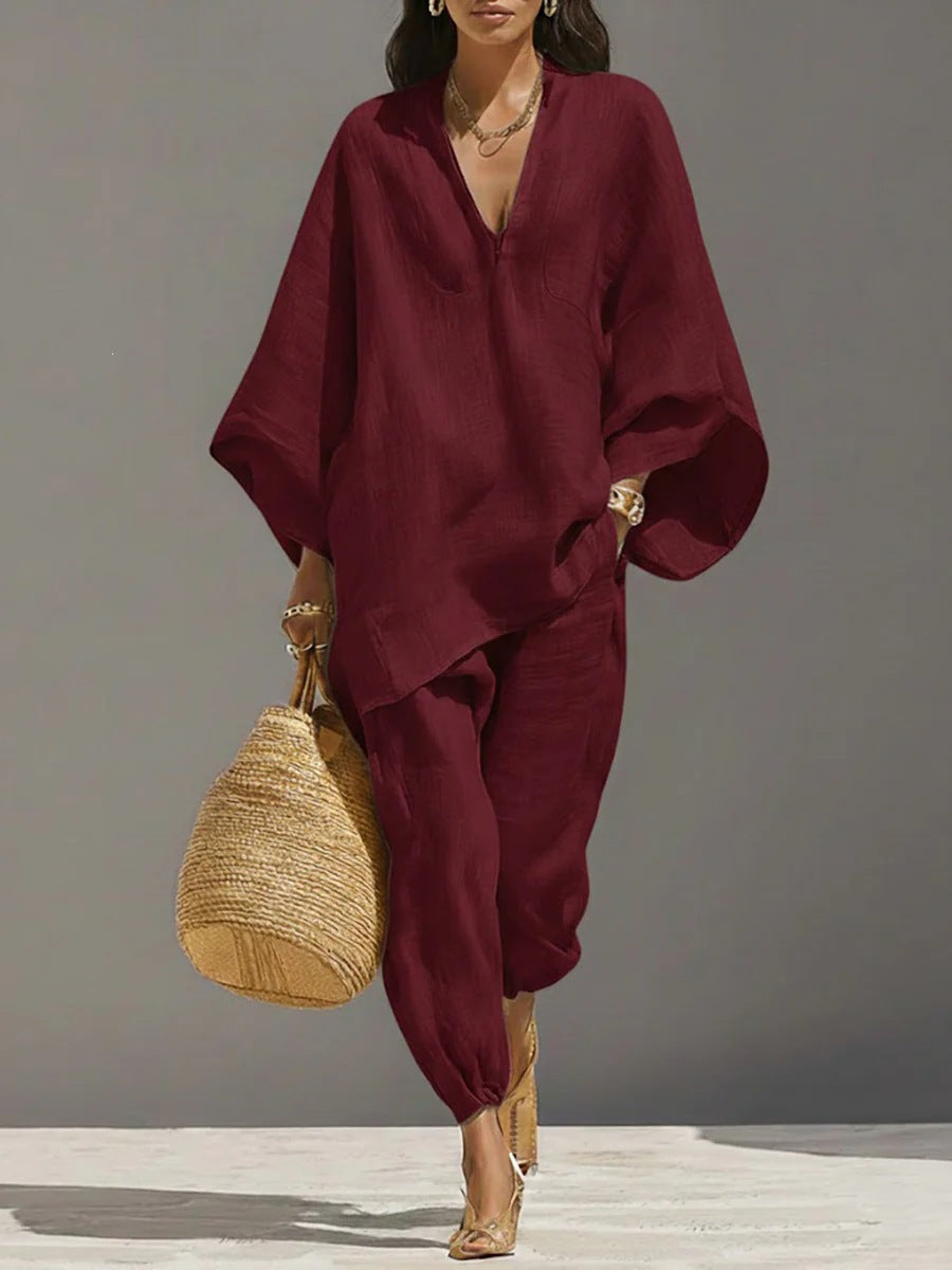 spring cross-border women's casual relaxed fit solid color shirt set