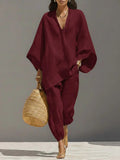 spring cross-border women's casual relaxed fit solid color shirt set