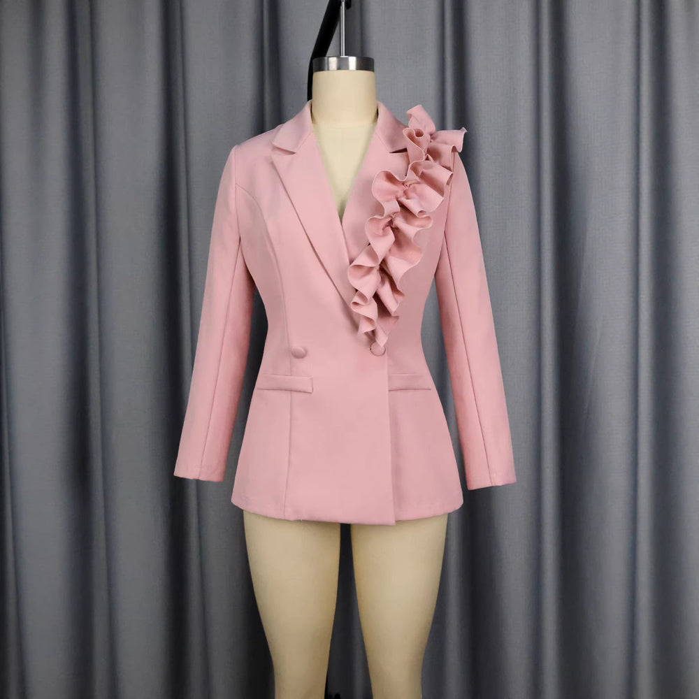 European and american style 3d ruffle blazer - slim fit, figure-flattering, chic workwear design, designer blazer top