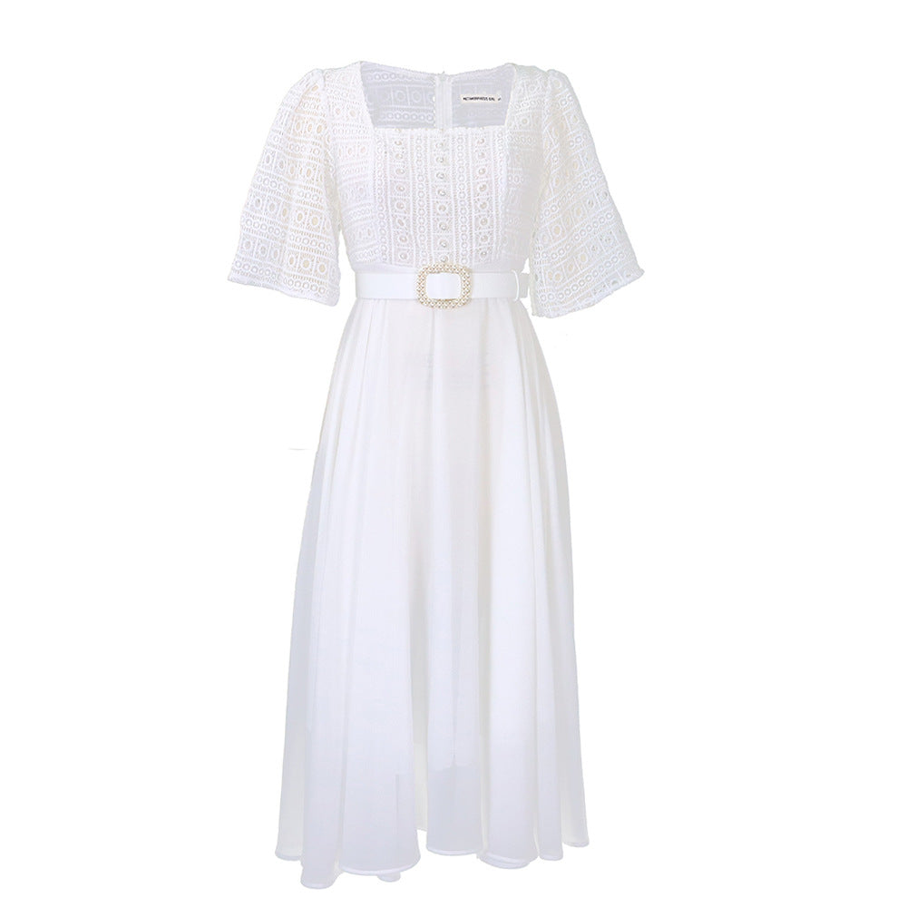 D280: belt included -  new cross-border fashion: european & american style patchwork chiffon beaded socialite african export dress