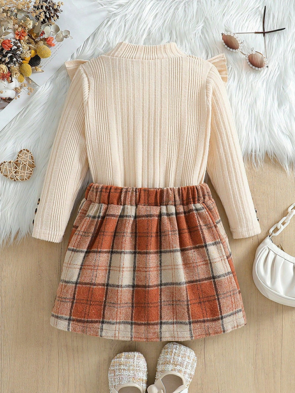 autumn new arrival: mock neck princess sleeve top + plaid skirt two-piece set