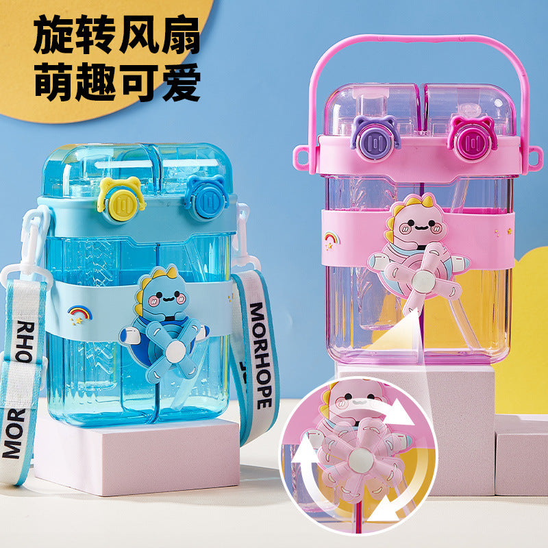 New creative cartoon fan kids double drinking cup straw cup portable sports water bottle large capacity school special