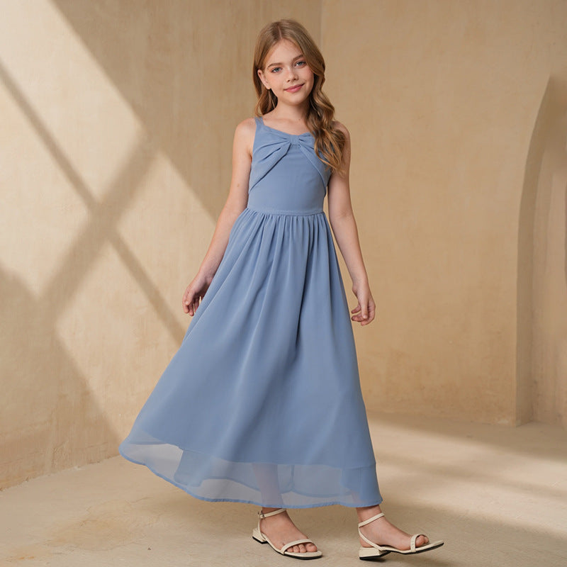 Girls' summer chiffon halter sleeveless dress - perfect for piano recitals, fashionable vacation style, simple and ready to ship