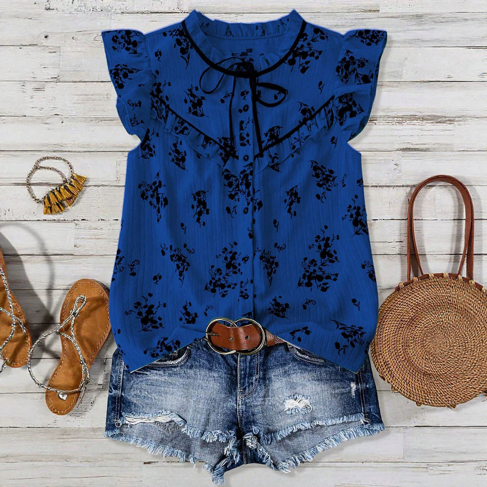 fashionsummerplus size women's blue bottom floral tie back shirt fungus edge flying sleeves loosetops