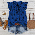 fashionsummerplus size women's blue bottom floral tie back shirt fungus edge flying sleeves loosetops