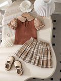 spring newborn & toddler preppy style shirt knit patchwork princess sleeve top & plaid pleated skirt two-piece set