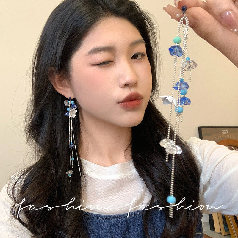 French chic tassel flower stud earrings - ethereal blue, fresh & elegant, unique long earrings for spring/summer beach looks