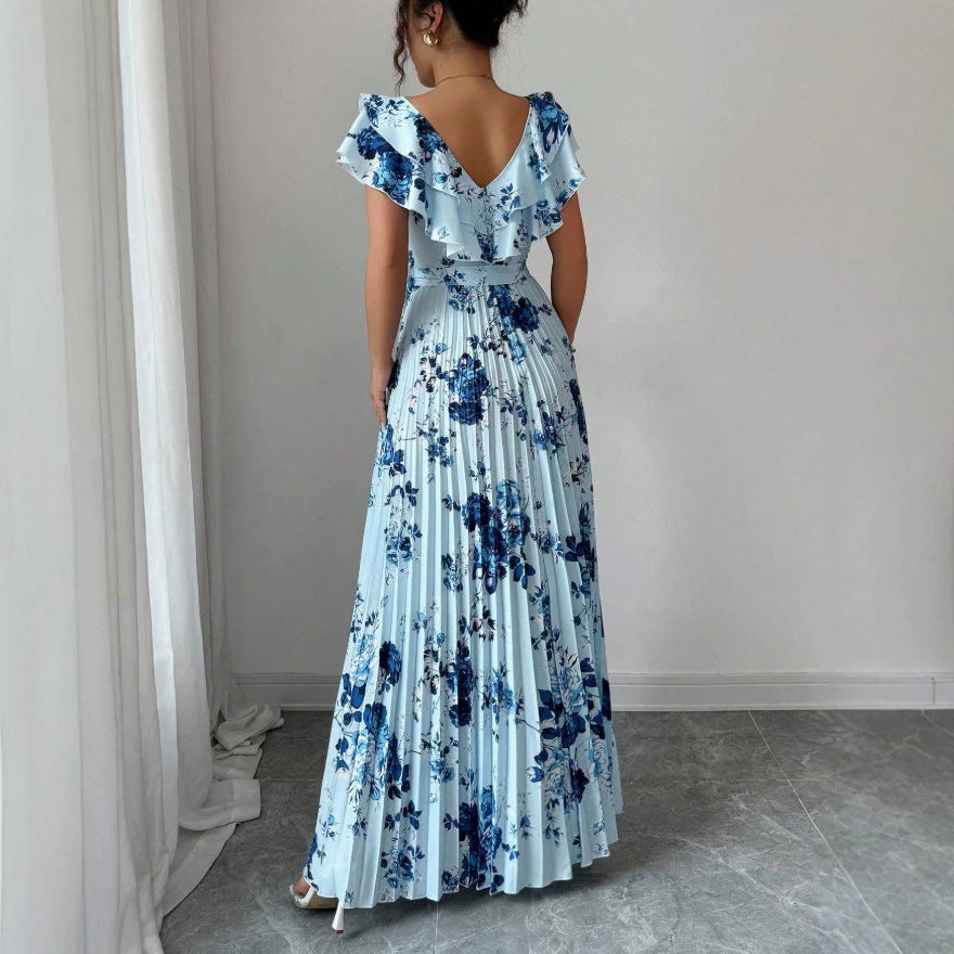 european and american new light blue floral maxi dress - v-neck, ruffle flutter sleeves, cinched waist, tie-waist, long floral print dress