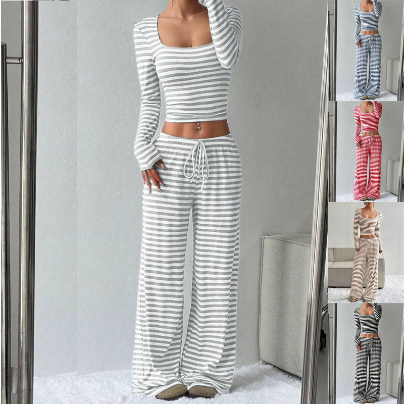 2025 european and american cross-border amazon aliexpress autumn/winter new striped high-waisted slimming wide-leg pants set for women