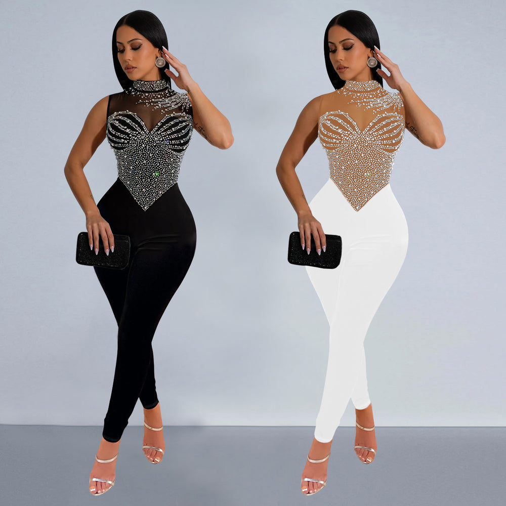 C7168 cross-border   fashion women's solid color mesh rhinestone pants jumpsuit new arrival