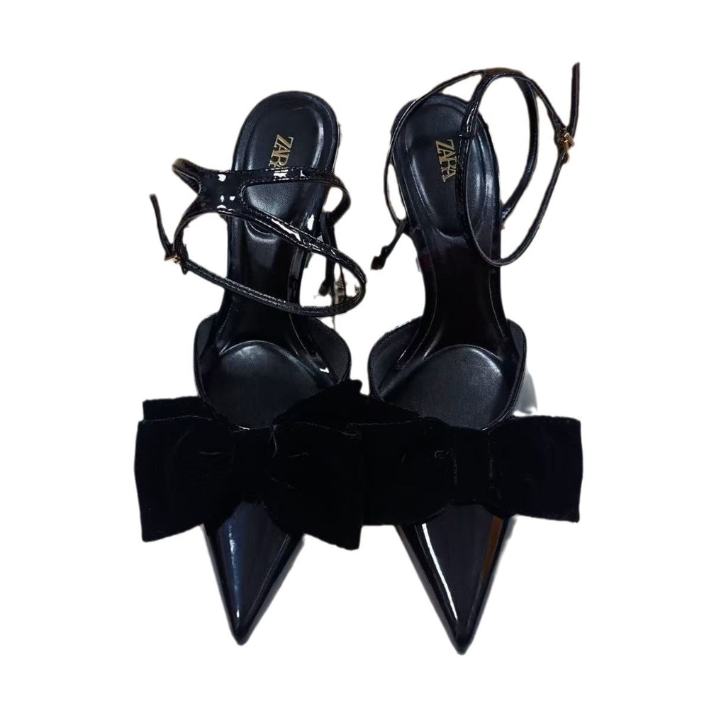 Za women's shoes 2024 autumn new collection black velvet bow-tie closed-toe stiletto heel elegant high heel sandals