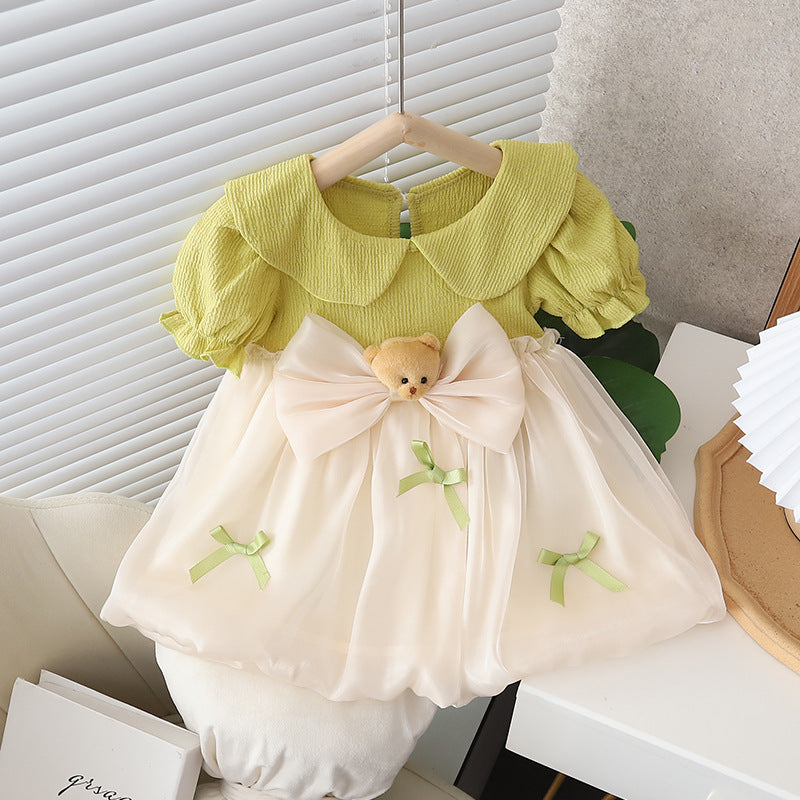 Girls' dress  summer new arrival: doll collar, bowknot, bear design, korean style, lightweight short-sleeve cotton dress for children