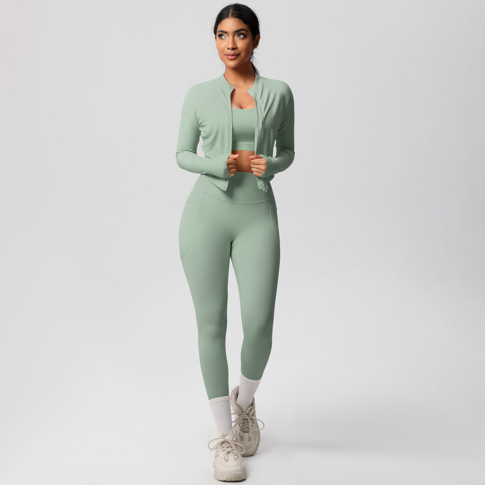 European and american new high-waisted tight-fitting pocket yoga outfit set - quick-dry brushed fabric, outdoor running fitness activewear three-piece set