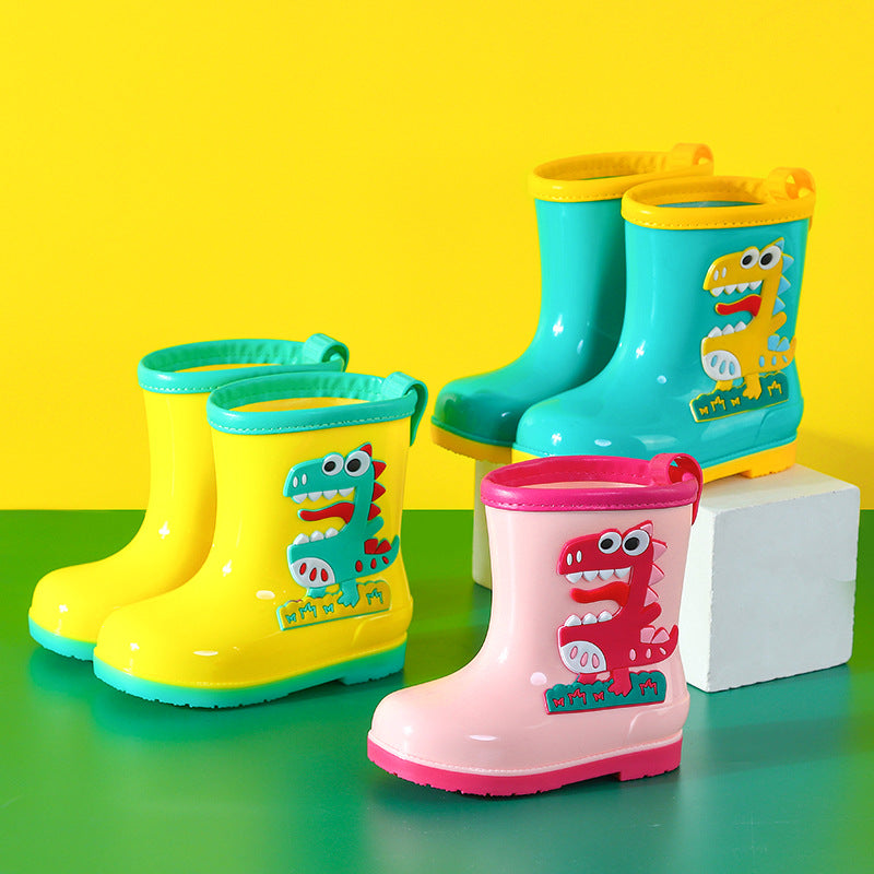 Kids' mid-calf waterproof rain boots - new fashionable styles for boys and girls - non-slip, fleece-lined baby rain boots - dinosaur designs available