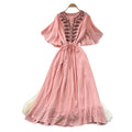 French chic embroidered v-neck dress - women's summer short sleeve, slim fit a-line maxi dress for vacation