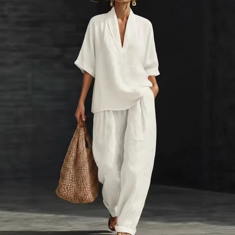 cross-border spring women's casual comfort linen two-piece set
