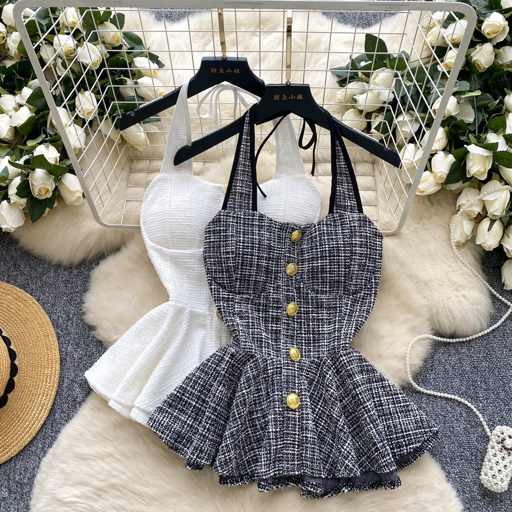 European and american hot girl style halter tank top - women's summer tweed design, unique and chic, pure & sultry, petite-friendly top