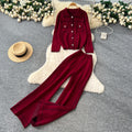 Xiaoxiangfeng wear women's autumn fashionfashioncontrast color topstitch lapel long sleeveslooseknittingtopshigh waistloose pants