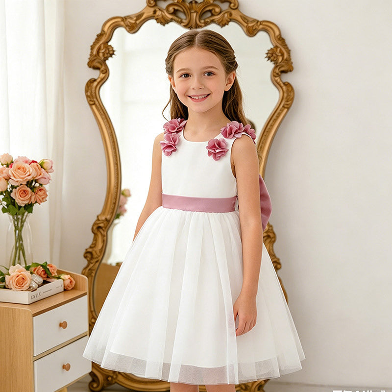 Baby girl dress white flower girl dress first birthday princess dress summer children's day performance host bowknot