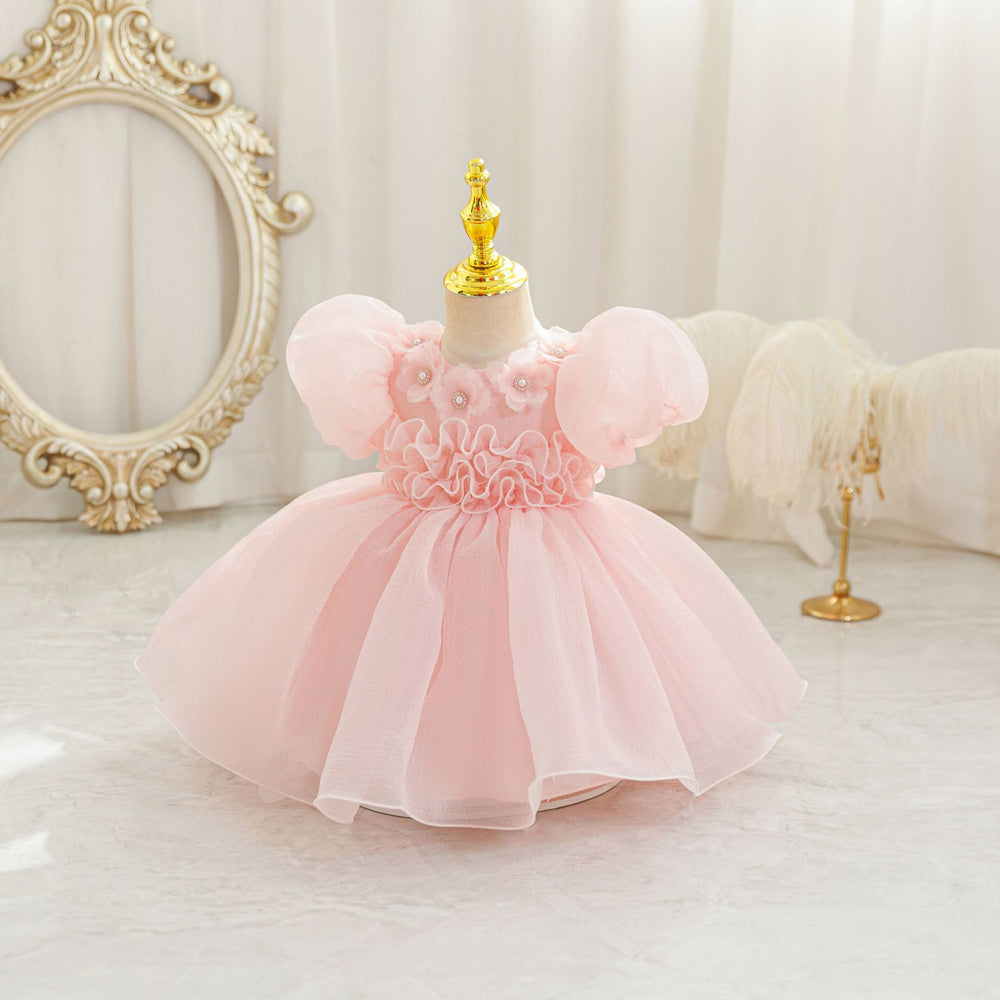Ready-to-ship new bubble sleeve children's formal dress, floral tulle princess dress, baby girl's first birthday dress