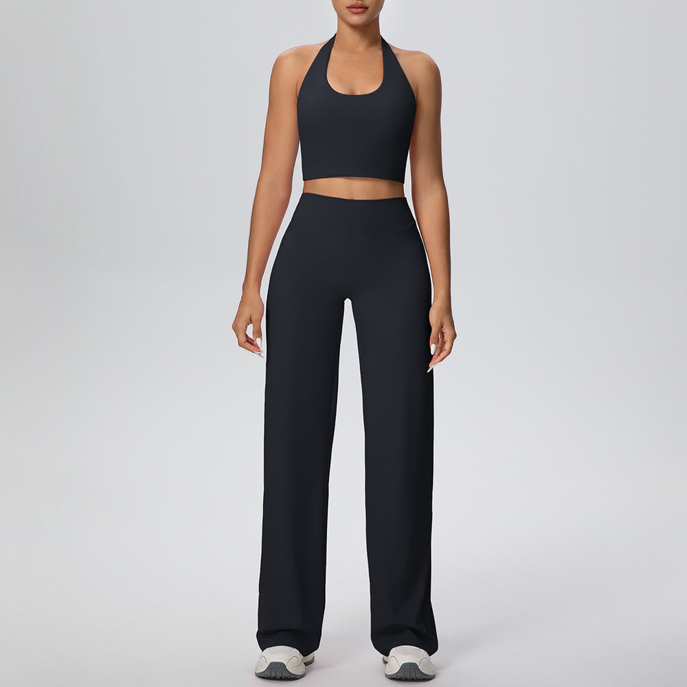 New arrival cross-border pure color double-sided brushed halter wide-leg pants yoga suit sports running fitness two-piece set for women