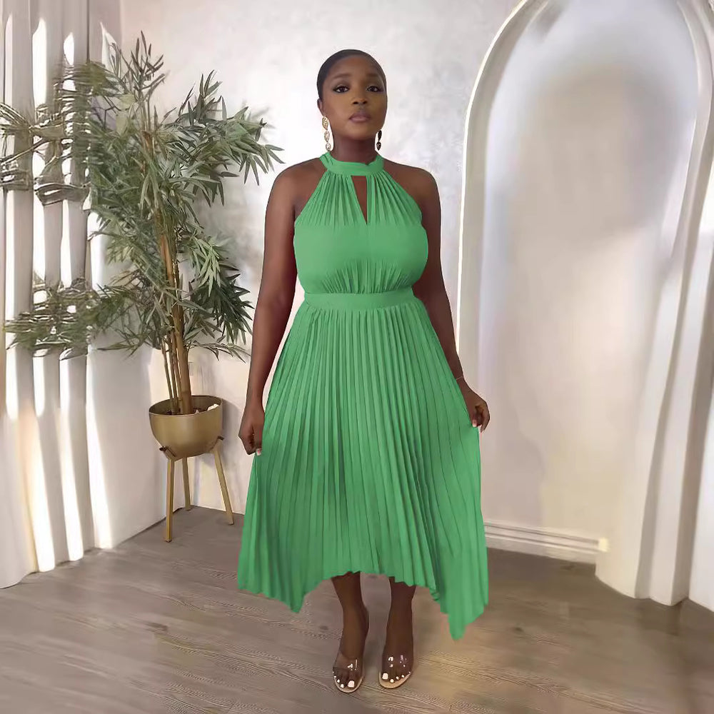 new sleeveless off-the-shoulder pleated asymmetrical halter neck slit pleated dress for cross-border fashion on  (us & europe)