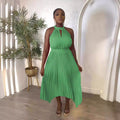 new sleeveless off-the-shoulder pleated asymmetrical halter neck slit pleated dress for cross-border fashion on  (us & europe)