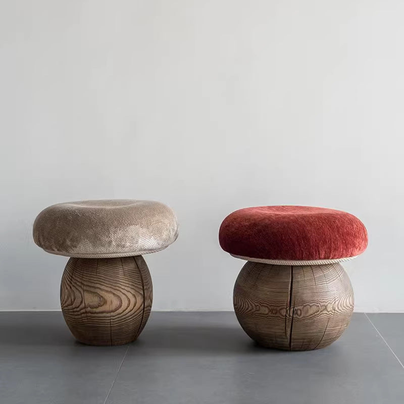 Mushroom stool log wabi-sabi cream style design living room entrance round low stool bench solid wood for home shoe changing stool