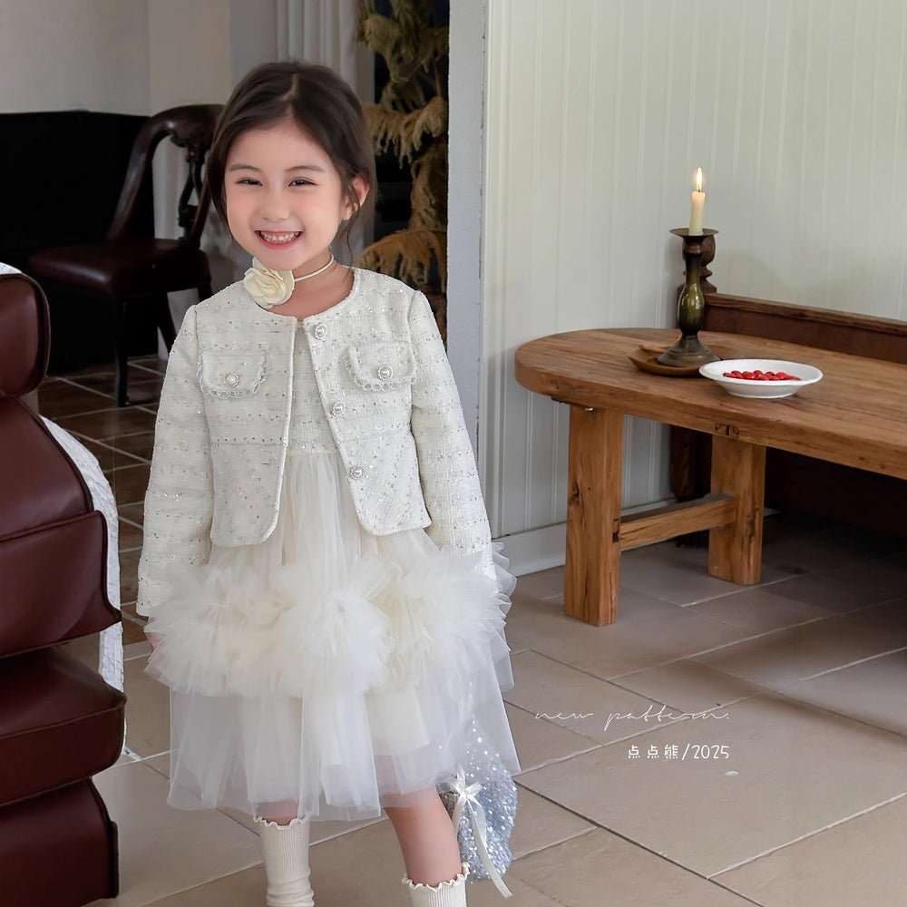 Girls' outfit set:  autumn new arrival - chic chanel-inspired dress with woolen coat and tulle vest dress
