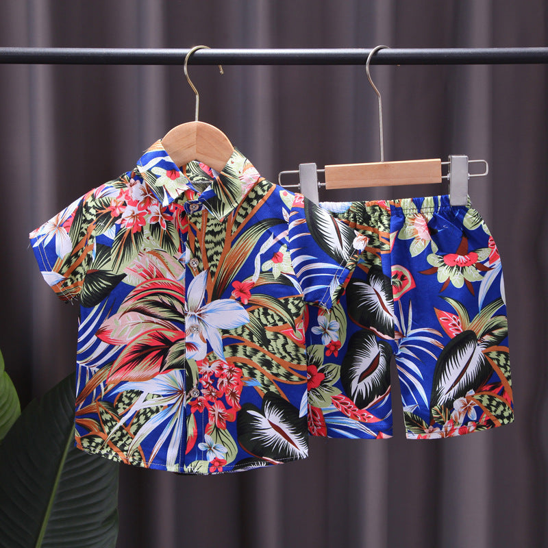 Kids' floral shirt set, 0-4 years old boys' all-over print short-sleeve t-shirt two-piece set, southeast asian style children's clothing wholesale