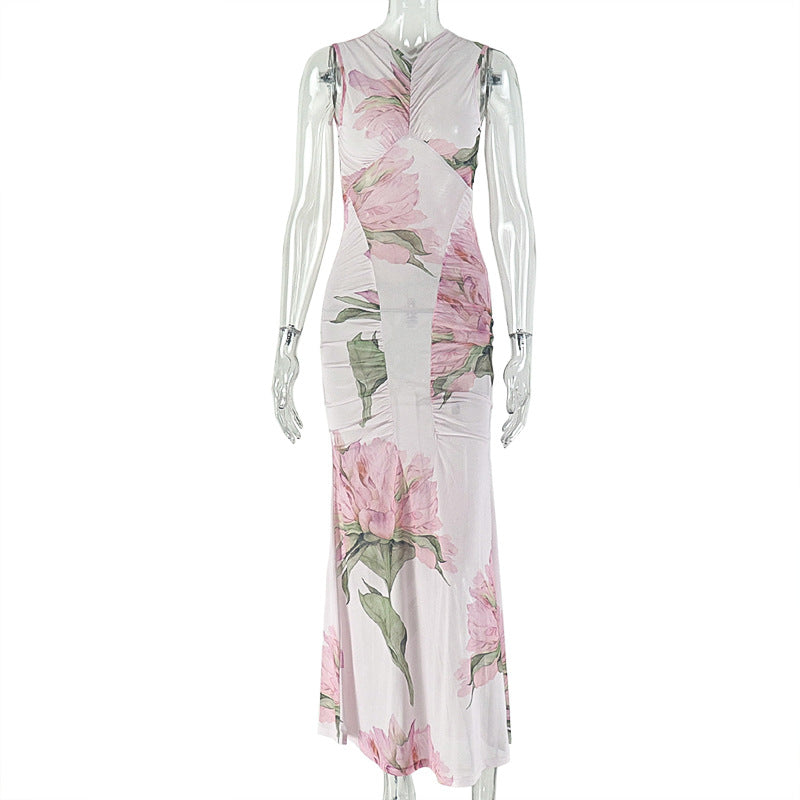 European and american style ins-inspired cross-border chic workwear women's elegant printed bodycon mini dress v-neck sleeveless maxi dress