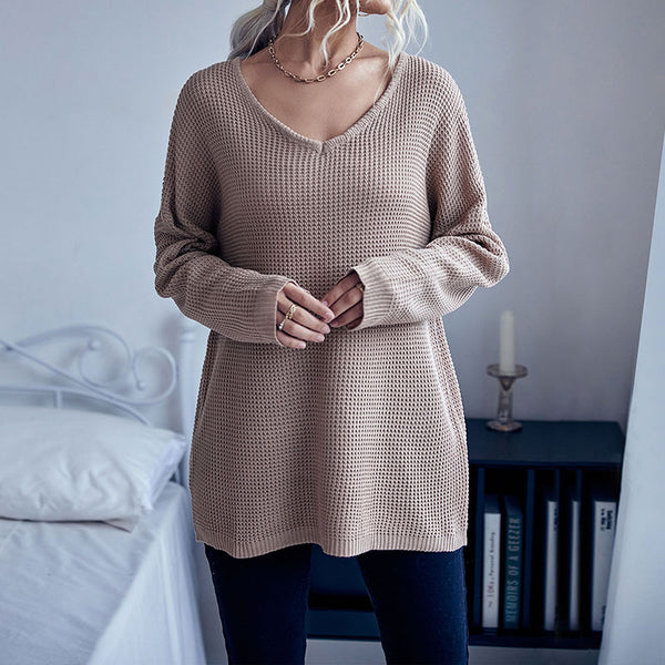Independent Station Cross-border Foreign Trade Early Autumn European and American Casual Women's Clothing Loose Long Sleeve Solid Color V-Neck Thick Needle Sweater