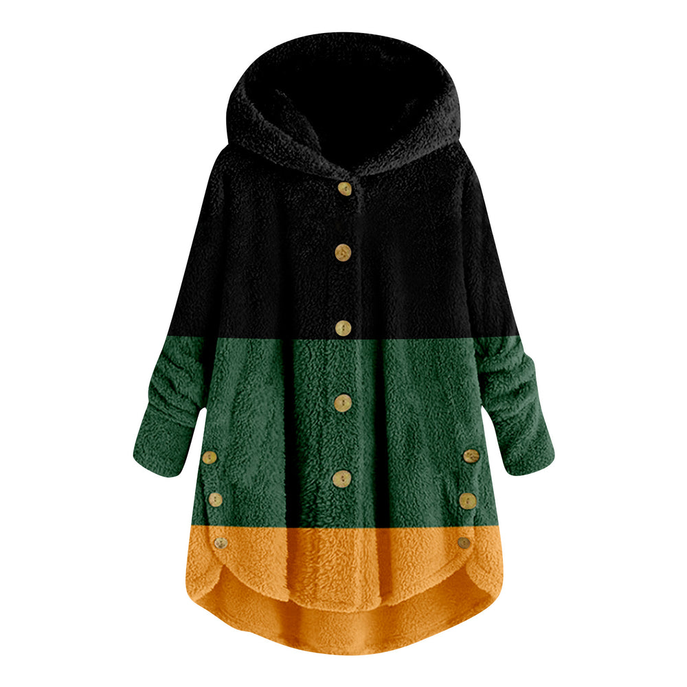 new fashion women's european and american button-down plush top color block multi-color hooded jacket