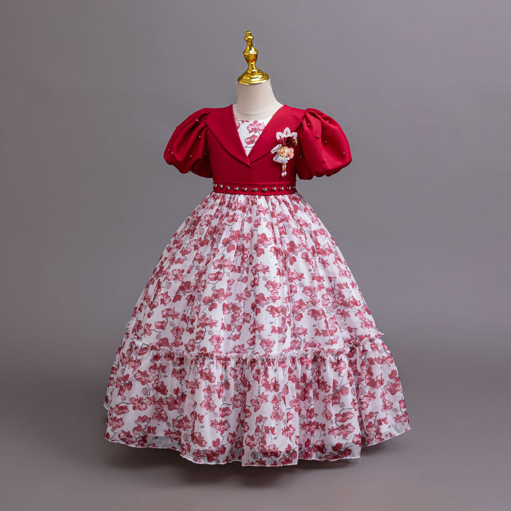 New wholesale children's dress, puff sleeve chiffon floral princess dress, girls' birthday dress, kids dress