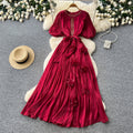 French heavy industry diamond-encrusted red pleateddress women's summerk-style waist slimming lookelegant thousand gold style long skirt