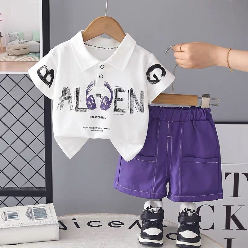 children's clothing, baby boy summer outfit,  new style, kids' letter-print polo shirt short-sleeve set with casual shorts