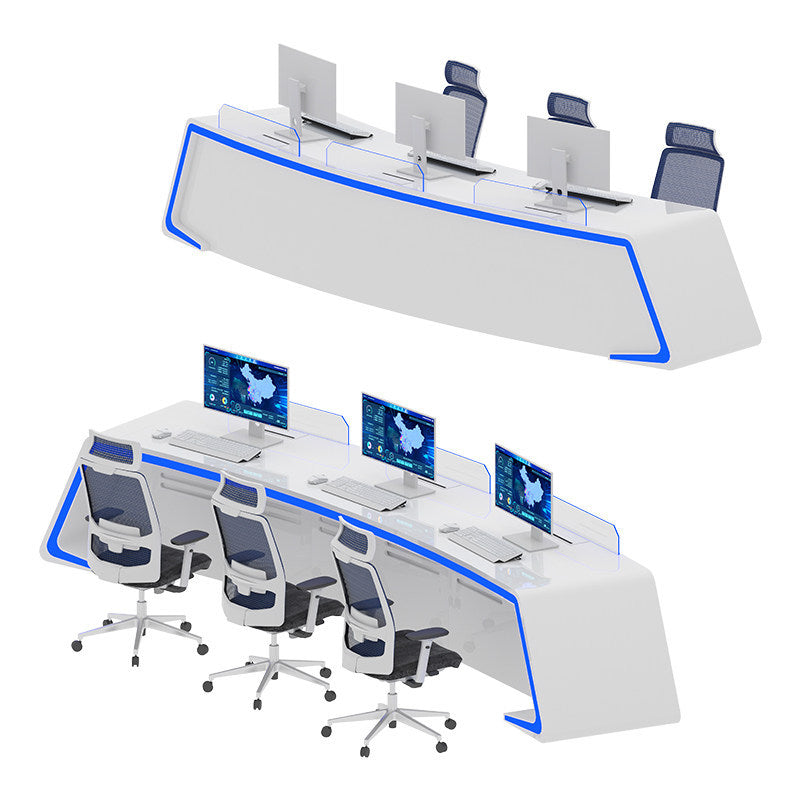 Saint li's futuristic surveillance console, command center curved control desk, central control room monitoring station, and workstation