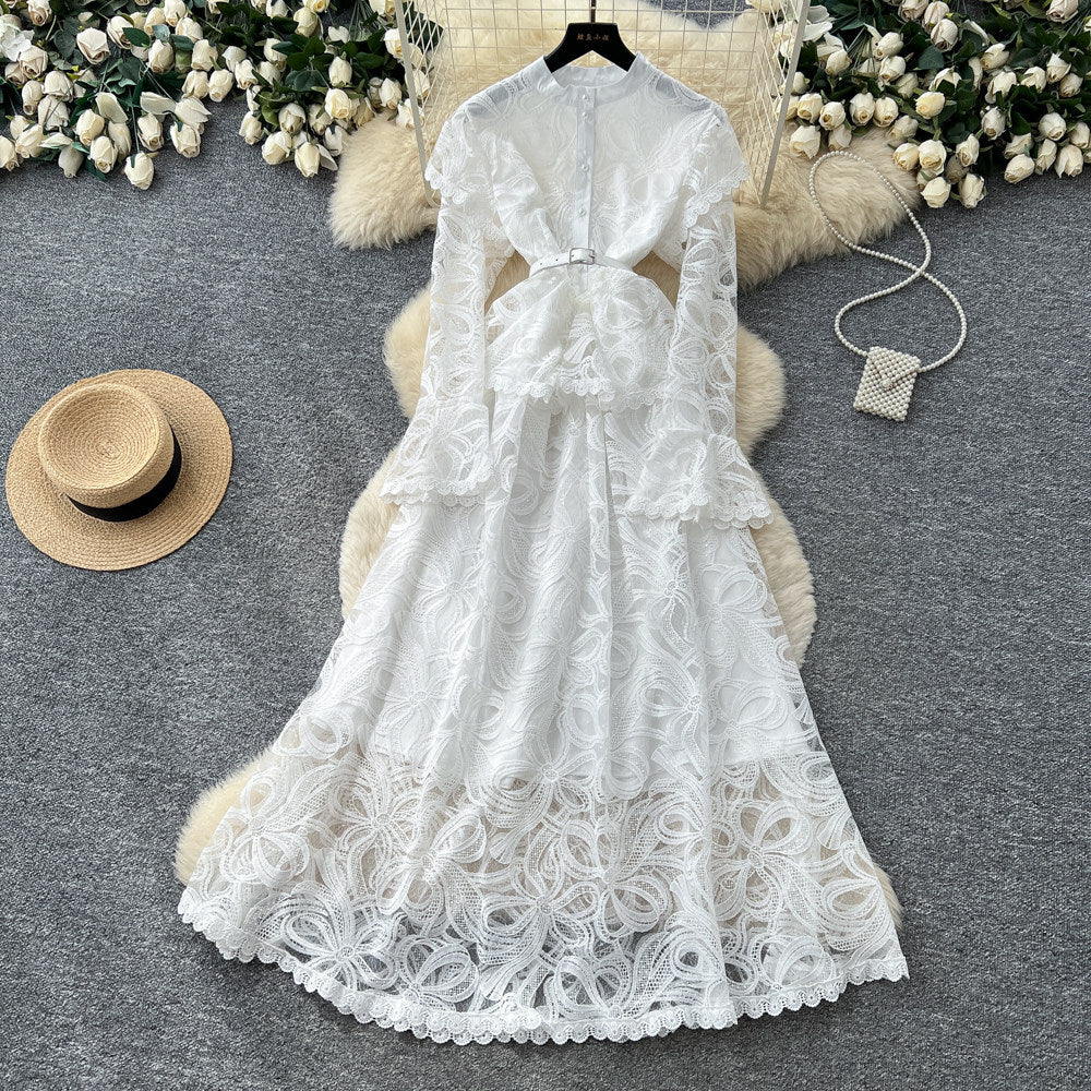 Light mature style classyelegancelacelong sleevesdressfemalefrenchheavy industry crochet waist silmlong skirt dress