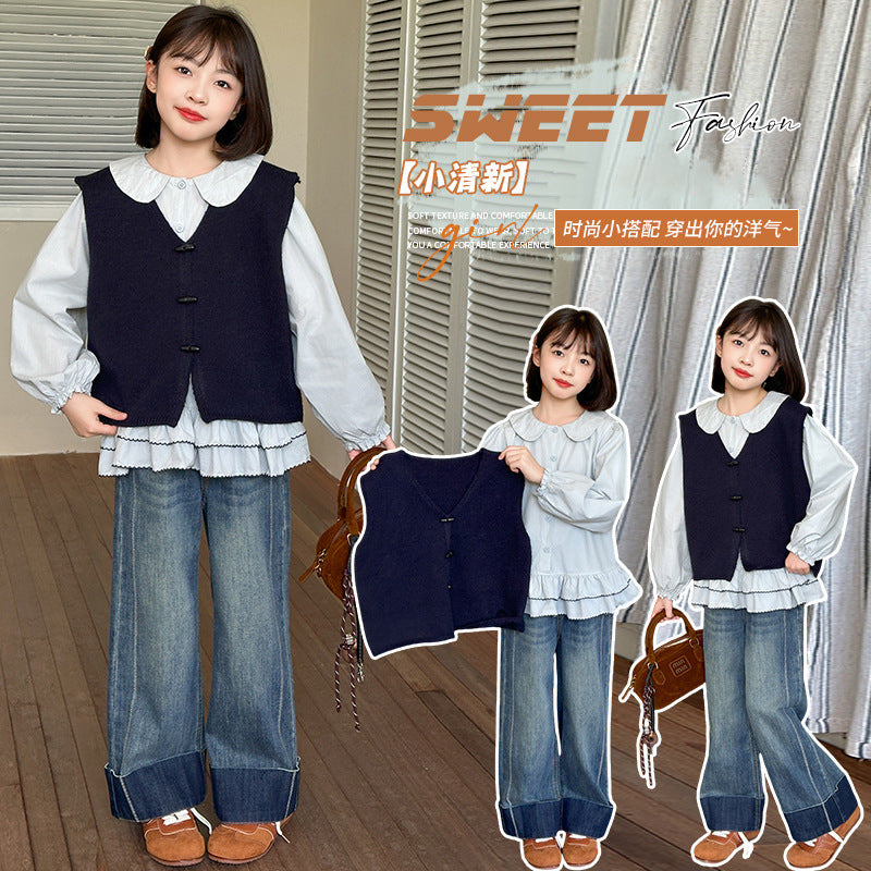 Girls' jeans - spring/autumn collection  - new styles for mid-to-large children - autumn fashionable straight-leg wide-leg pants - kids' trousers