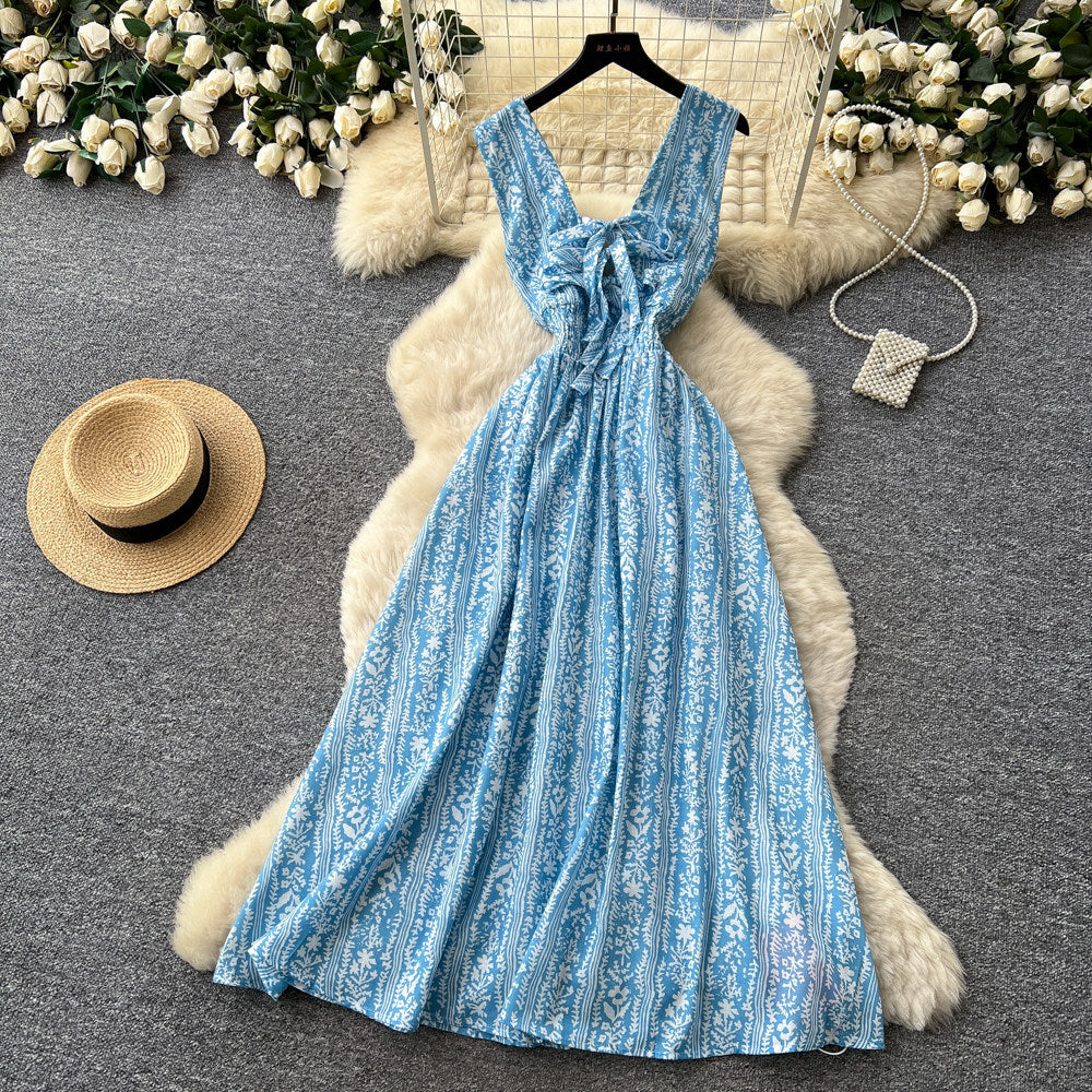 Frenchniche style blue printing suspender dress female summerk-style stereo flower large swingelegant princess dress fairy spirit